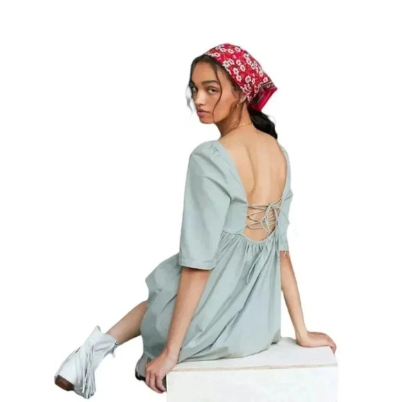 NWT Anthropologie Ruched Puff-Sleeved Babydoll Blue Cotton Mini Dress Size Small